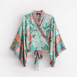 Blusas bohemias Women Kimono Cardigan Floral Print Sexy Cross Deep v neck Summer Blouse Boho Wrap Shirt Tie Waist Cropped Top