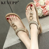 KUYUPP Fashion Leather Women Sandals Bohemian Diamond Slippers Woman Flats Flip Flops Shoes Summer Beach Sandals size10 YDT563