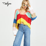 TEELYNN short Boho sweater 2018 autumn Color stripe long sleeve pullovers sexy deep v-neck sweater loose knitted women sweaters