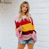 2018 Autumn Winter Women Sweaters Knitted Rainbow Color Patchwork Loose Pullovers Long Flare Sleeve Round Neck Sweater