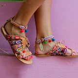NAN JIU MOUNTAIN Plus Size 34-43 Ethnic Bohemian Summer Women Sandals Gladiator Roman Strappy Embroidered Shoes Woman Flat Shoes