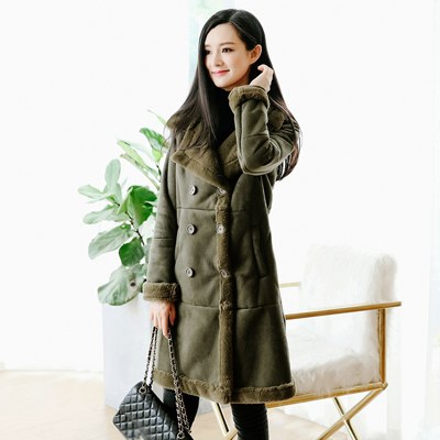 2017 Winter Women Faux Lambs Wool Coat Female Medium Long Thick Warm Shearling Coats Faux Suede Leather Jackets Army Green H034