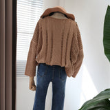2018 Autumn Coffee color Round Neck Long Sleeve Casual Loose Sweater Tasseled Tie Embroidered Yoke Eyelet Jumper Sweater