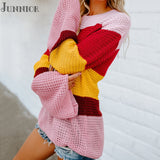 2018 Autumn Winter Women Sweaters Knitted Rainbow Color Patchwork Loose Pullovers Long Flare Sleeve Round Neck Sweater