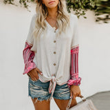 2018 Boho Casual Office Lady Women Tops Loose Cardigan Lantern Sleeve Color Block Patchwork Girls Travel White Female Sweaters