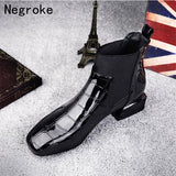 2018 Chic Women Boots Shiny PU Leather Autumn Winter Shoes Woman Spuare Toe Block Heels Peluche Ankle Boots Female Botas Mujer