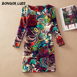 BONGOR LUSS Plus Size Women Clothing Spring Fashion Flower Print Women Dress Ladies Long Sleeve Casual Autumn Dresses Clothing