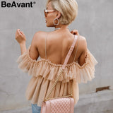 BeAvant Backless v neck sexy blouse summer 2018 Strap ruffle mesh blouse shirt women Off shoulder peplum tops blusas shirt femme