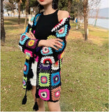 Bohomian Colored Plaid Hollow Out Hooded Cardigan Sweater 2018 Ethnic Retro Women Tassel Lacing Up Knitted Knitwear Jumper femme