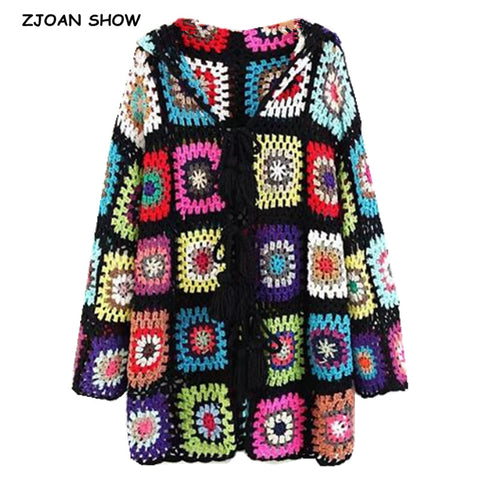 Bohomian Colored Plaid Hollow Out Hooded Cardigan Sweater 2018 Ethnic Retro Women Tassel Lacing Up Knitted Knitwear Jumper femme