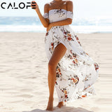 CALOFE Boho Print Long Party Dress Women Sexy Off Shoulder Beach Maxi Dress Summer Strapless Split Sundress Plus Size Vestidos