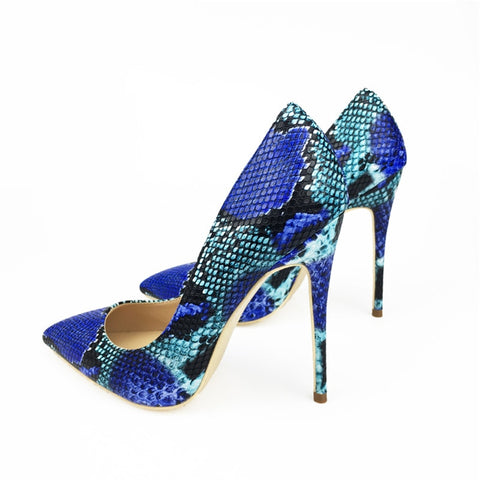 Womens Blue Snake Printed High Heels 12cm/10cm/8cm Pointed Toe Pumps