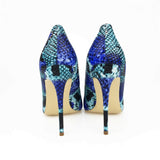 Womens Blue Snake Printed High Heels 12cm/10cm/8cm Pointed Toe Pumps