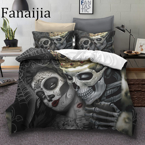 Fanaijia Sugar skull Bedding Sets king beauty kiss skull Duvet Cover Bed Set Bohemian Print Black Bedclothes queen size bedline