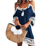 Female Spaghetti Strap Boho Dress Plus Size 5XL Summer Loose Beach Sundress Backless Short Sleeve Tassel Women Dresses GV130
