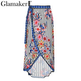 Glamaker Boho split flower print women skirt Sexy beach asymmetrical long skirt Winter style female stripe party club maxi skirt