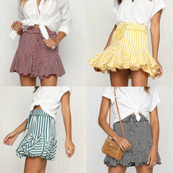 Mini Striped Skirt - Casual Waist Elastic Tie Short Skirt