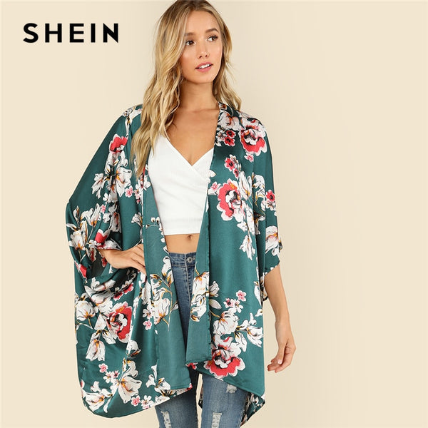SHEIN Multicolor Vacation Boho Bohemian Beach Floral Print Three Quarter Length Sleeve V Neck Kimono Summer Women Blouse Top