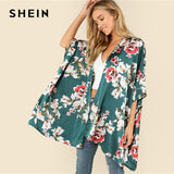 SHEIN Multicolor Vacation Boho Bohemian Beach Floral Print Three Quarter Length Sleeve V Neck Kimono Summer Women Blouse Top