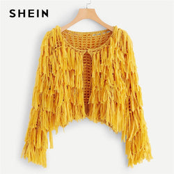 SHEIN Yellow Solid Hook and Eye Closure Layered Fringe Cardigan Vacation Beach Plain Crop Sweater Women Autumn Sweaters