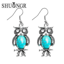SHUANGR 1pair=2pcs Retro Bohemia Jewelry Ethnic Vintage Tibetan Silver Natural Stone Charming Owl Dangle Earrings TC281