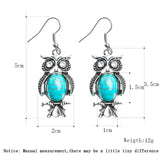 SHUANGR 1pair=2pcs Retro Bohemia Jewelry Ethnic Vintage Tibetan Silver Natural Stone Charming Owl Dangle Earrings TC281
