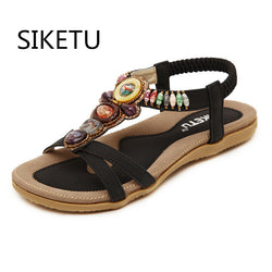 SIKETU summer shoe plus size 40 41 roman gladiator beads open toe t strap flat sandals bohemian ethnic sport sandals black beige