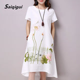 Saiqigui Summer Dress Plus Size Short Sleeve White Women Dress Casual Cotton Linen Dress Lotus Printing O-Neck Vestidos de Festa