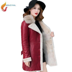 Sheepskin Coat Women 2018Winter Leather Jacket Female Black Wine Shearling Coat Fur Collar Warm Leather Jacket Outerwear 4XLC317