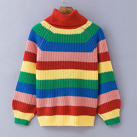 Simenual Rainbow turtleneck sweaters women winter 2018 jumpers knitted clothes fashion striped oversized pullover female sale
