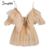 Simplee V neck strap boho mesh blouse women Ruffle short sleeve victoria elegant peplum tops Summer lace up sexy blusas 2018