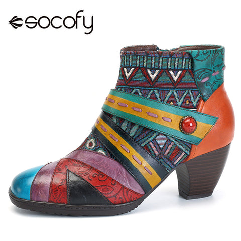 Socofy Bohemian Leather Boots Women Genuine Leather Shoes Woman Patchwork Zipper Ankle Boots Women Shoes Spring Autumn Botas New