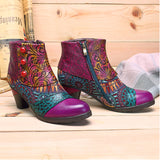 Socofy Genuine Leather Ankle Boots Women Shoes Bohemian Splicing Zip Handmade Spring Autumn Retro Block Mid Heels Women Boots