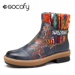 Socofy Vintage Bohemian Ankle Boots Women Shoes Genuine Leather Knitted Wool Boot Tube Zipper Shoes Woman Autumn Botas Mujer New