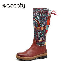Socofy Vintage Mid-calf Boots Women Shoes Bohemian Retro Genuine Leather Motorcycle Boots Printed Side Zipper Back Lace Up Botas