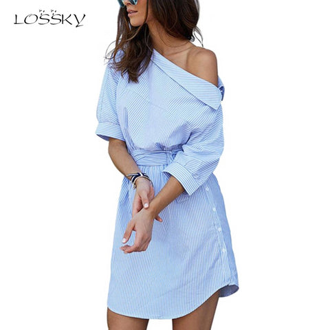Summer Women Dress Blue Striped Shirt Short Dress Mini Sexy Side Split Half Sleeve Beach Dresses 2018 Plus Size Sundress 3XL