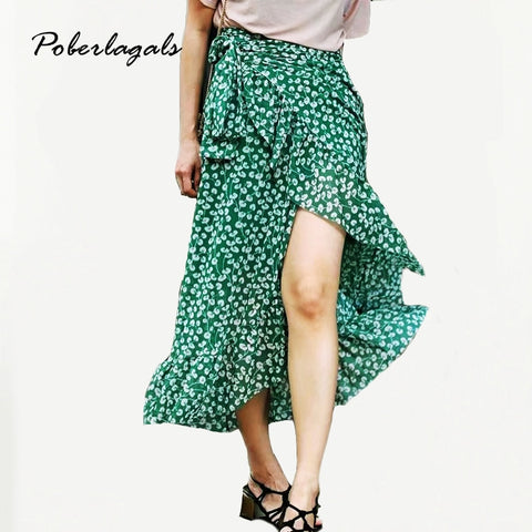 Summer style Casual irregularwomen beach boho maxi skirt 2018 Green Floral Chiffon Printed Lotus Skirt Wrap lace-up skirts