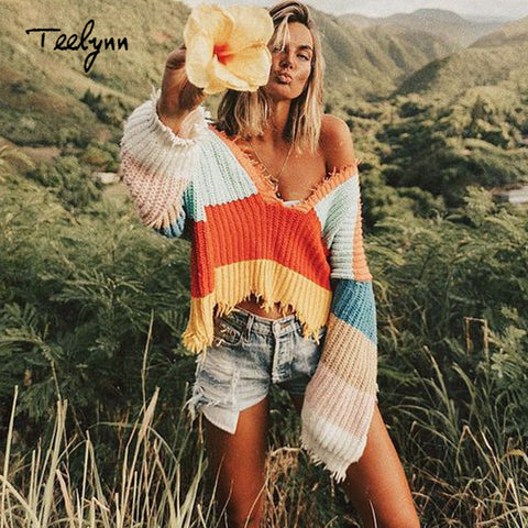 TEELYNN short Boho sweater 2018 autumn Color stripe long sleeve pullovers sexy deep v-neck sweater loose knitted women sweaters