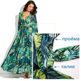 Vintacy Long Sleeve Dress Green Tropical Beach Vintage Maxi Dresses Boho Casual V Neck Belt Lace Up Tunic Draped Plus Size Dress