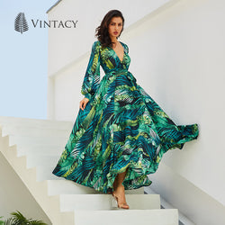 Vintacy Long Sleeve Dress Green Tropical Beach Vintage Maxi Dresses Boho Casual V Neck Belt Lace Up Tunic Draped Plus Size Dress