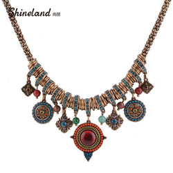 Vintage Bohemia Style Fashion Jewelry Gold-color Round Shape Colorful Resin Stone&Beads Pendants Statement Necklace for Women
