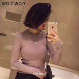 WOTWOY Shiny Lurex Autumn Winter Sweater Women Long Sleeve Pullover Women Basic Sweaters Women 2018 Korean Style Knit Tops Femme