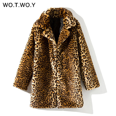 WOTWOY Thicken Leopard Jacket Women Mid-Long Winter Faux Fur Coat Women Slim Casual Luipaard Fur Jackets Female Harajuku 2018