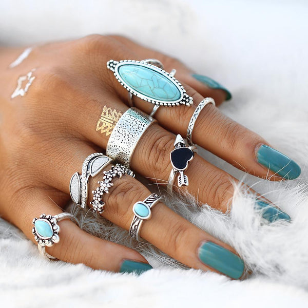 17KM Vintage Big Stone Midi Ring Set For Women Boho Antique Silver Color Heart Flower Knuckle Rings Boho Jewelry Anillos Gift