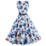 Floral Print Women Summer Dress Hepburn 50s 60s Retro Swing Vintage Dress A-Line Party Dresses With Belt jurken Plus Size