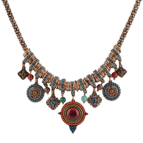 Vintage Bohemia Style Fashion Jewelry Gold-color Round Shape Colorful Resin Stone&Beads Pendants Statement Necklace for Women