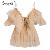 Simplee V neck strap boho mesh blouse women Ruffle short sleeve victoria elegant peplum tops Summer lace up sexy blusas 2018