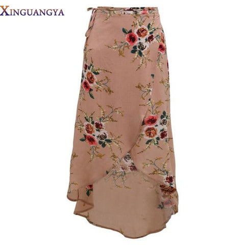 Women White Irregular Long Skirt 2017 Summer Boho Vintage Floral Print Side Slit Wrap Maxi Skirt Girl Waist Skirts female