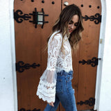 2018 fashion summer Boho mini blouse long puff sleeve crop tops sexy perspective o-neck white Lace blouses ladies casual shirts