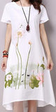 Saiqigui Summer Dress Plus Size Short Sleeve White Women Dress Casual Cotton Linen Dress Lotus Printing O-Neck Vestidos de Festa